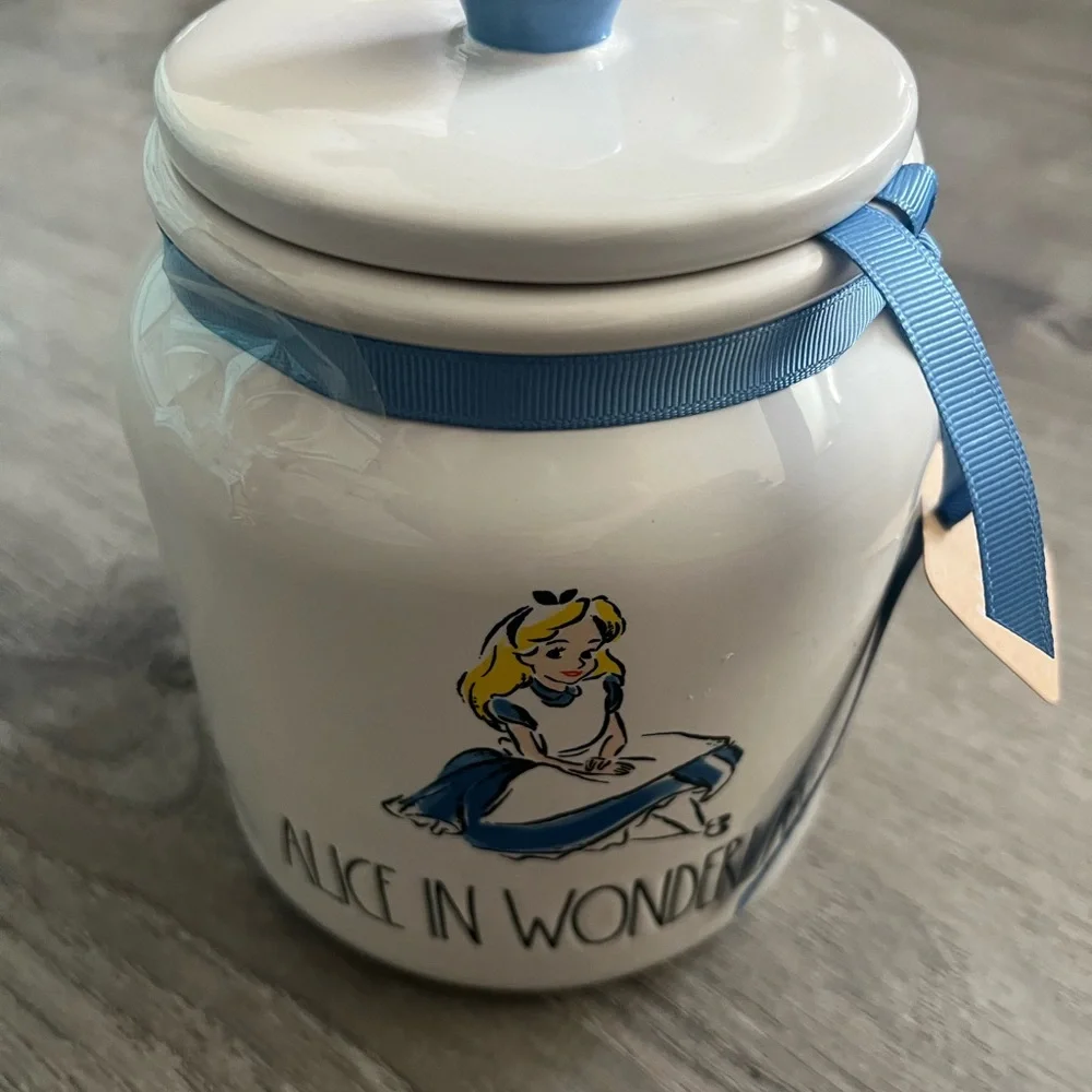 Rae Dunn Alice in Wonderland 7” Ceramic Jar with Blue Ribbon - Picture 2 of 5